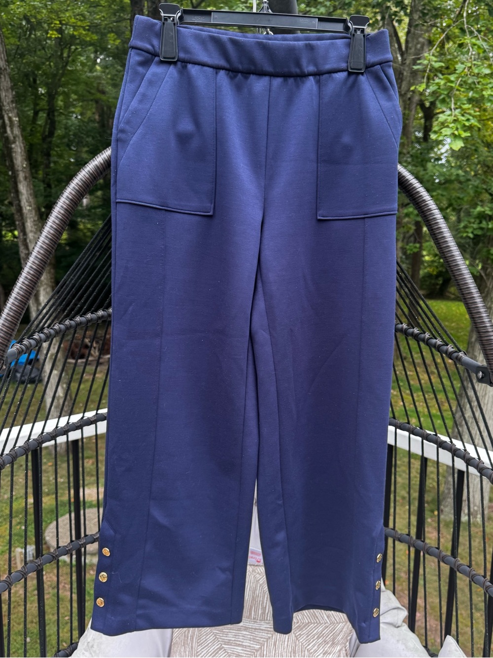 CLUB HOUSE Women's Navy Cropped Wide-Leg Pull-On Pants with Gold Buttons SIZE S